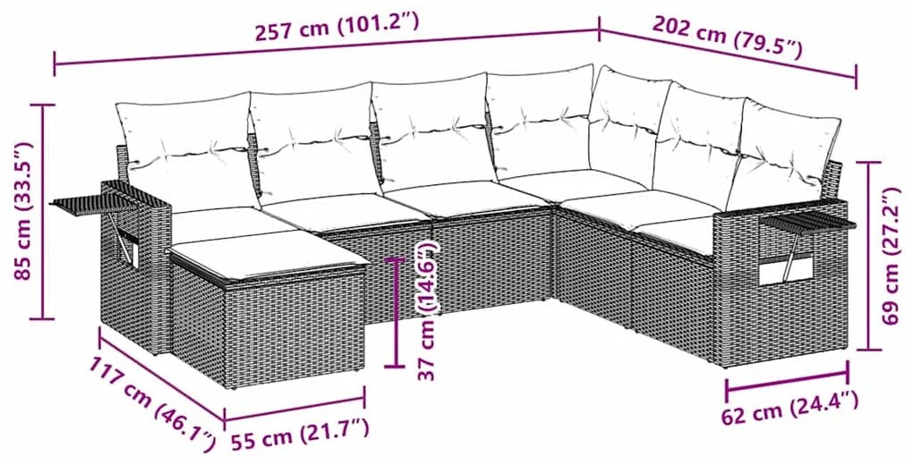 vidaXL Καναπές Σετ 7 Τεμαχίων Μαύρο Συνθετικό Ρατάν με Μαξιλάρια