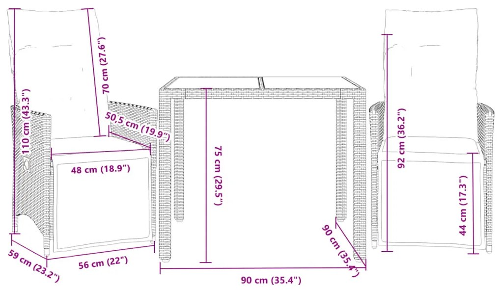 vidaXL Σετ Επίπλων Bistro 3 τεμ. Μαύρο Συνθετ. Ρατάν με Μαξιλάρια