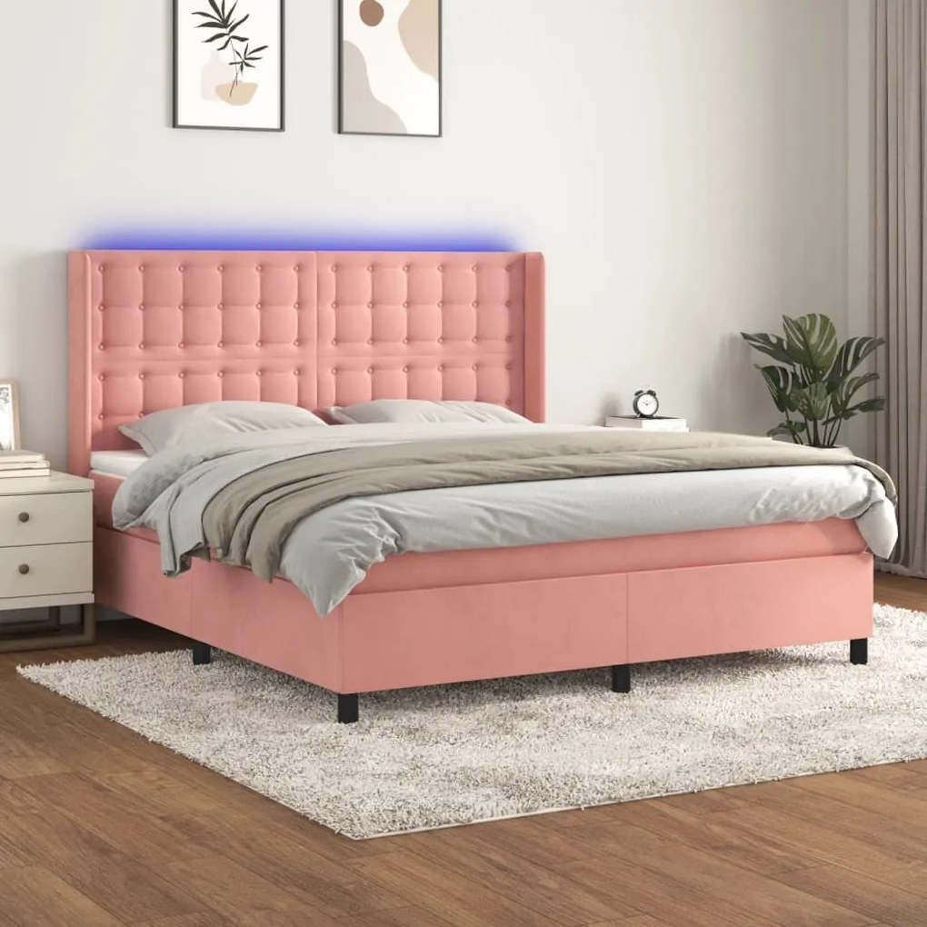 Κρεβάτι Boxspring με Στρώμα &amp; LED Ροζ 160x200 εκ. Βελούδινο - Ροζ