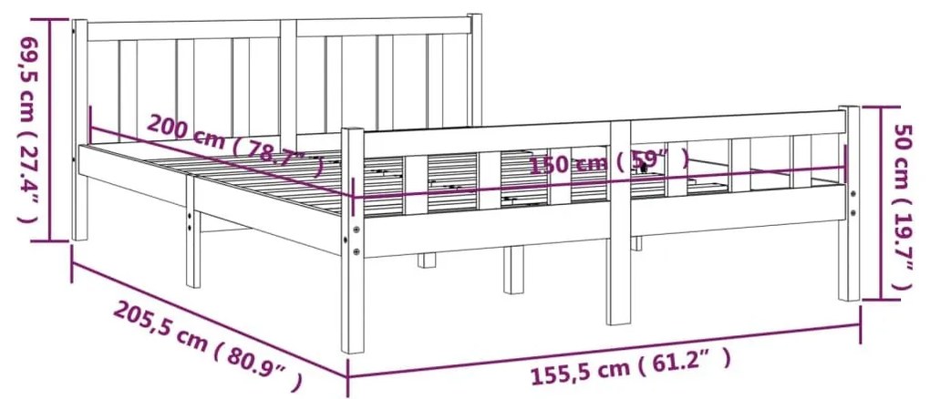 Πλαίσιο Κρεβατιού Μελί 150 x 200 εκ. Μασίφ Ξύλο King Size - Καφέ