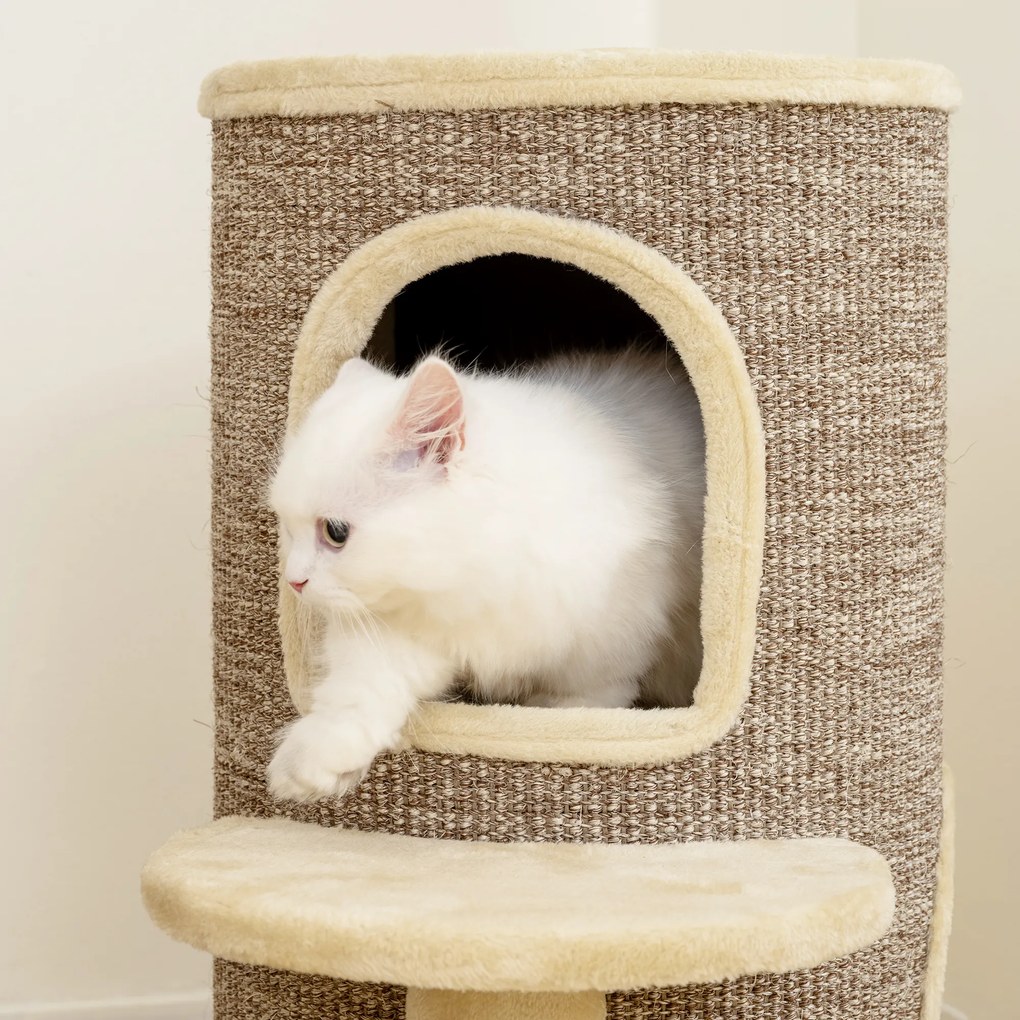 PawHut Πύργος για γάτες, Δέντρο για γάτες 2 επιπέδων, Πλατφόρμα άλματος, Σημείο παρατήρησης, Στρώμα ξυσίματος, Για ξεκούραση και παιχνίδι, Μπεζ