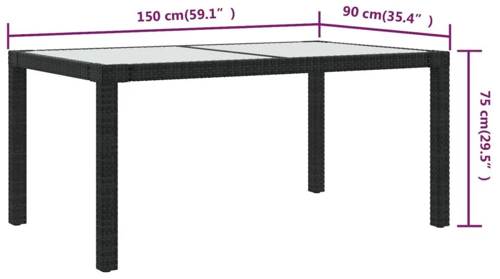 Τραπέζι Κήπου Μαύρο 150x90x75 εκ. Συνθετικό Ρατάν/Ψημένο Γυαλί - Μαύρο