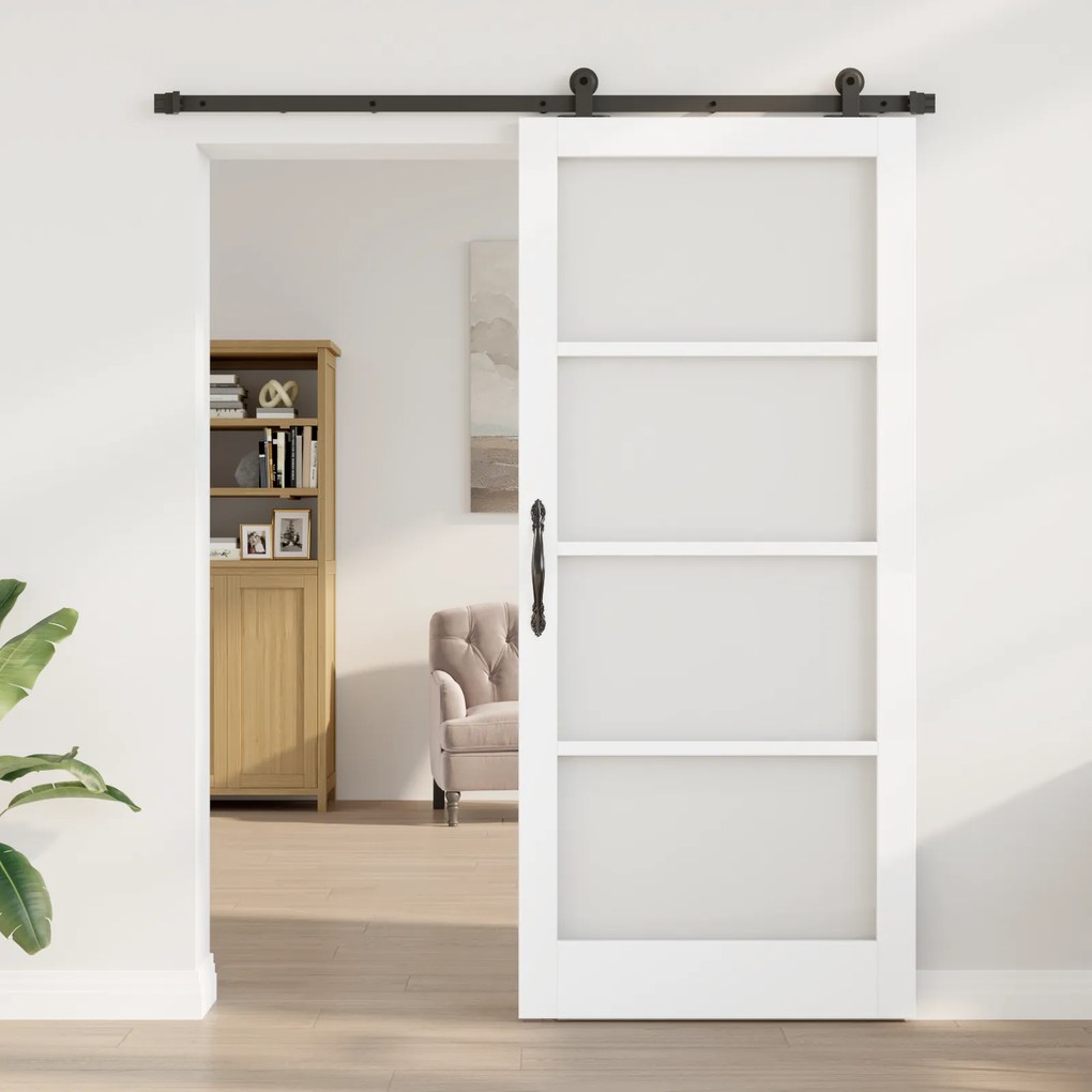 vidaXL Συρόμενη Πόρτα με Σετ Σιδηρικών 'ORKDAL' Λευκό Μασίφ Ξύλο & Γυαλί