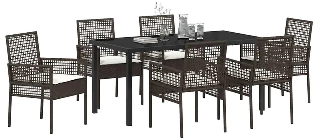 vidaXL Σέτ φαγητού για κήπο με μαξιλάρι 7 pcs Καφέ Πολυ ράταν