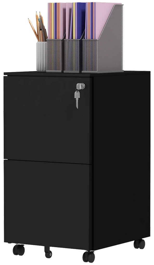 Ντουλάπι αρχειοθέτησης Vinsetto με ροδάκια, 2 συρτάρια, κλειδώνει, 37 cm x 43,5 cm x 67,5 cm, Μαύρο