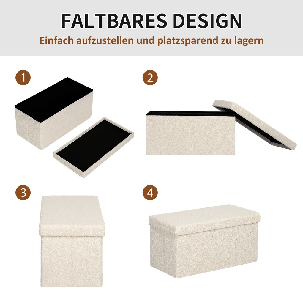 HOMCOM Σκαμπό Αποθήκευσης, Ταμπουρέ με Αποθηκευτικό Χώρο και Καπάκι για Σαλόνι, Υπνοδωμάτιο, Διάδρομο, Κρεμ Λευκό