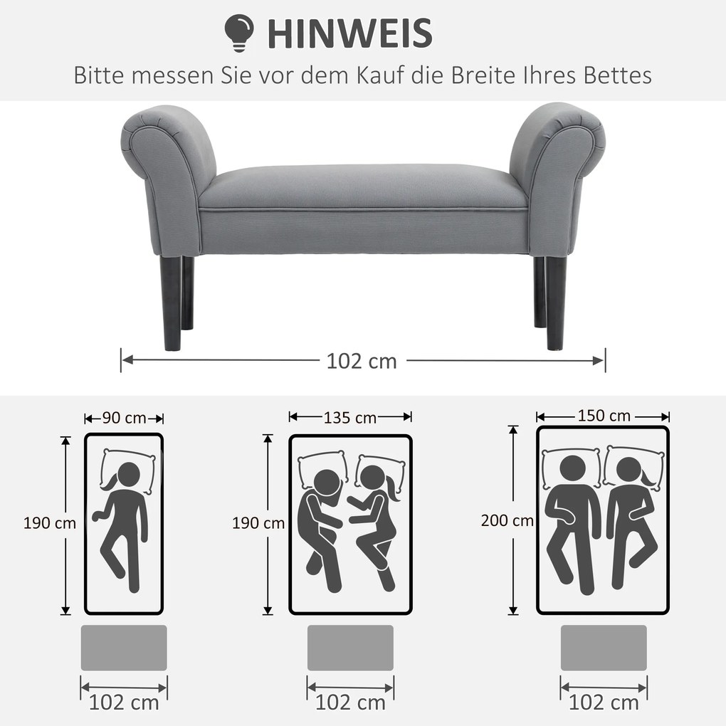 HOMCOM Παγκάκι, Τραπεζάκι κρεβατοκάμαρας, στιβαρή κατασκευή, μαλακή επένδυση, 102x36x51 cm, Γκρι