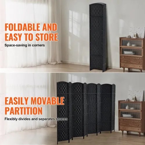 VEVOR 6 Panel Room Divider Hand-Woven Folding Privacy Screen with Hinges Black