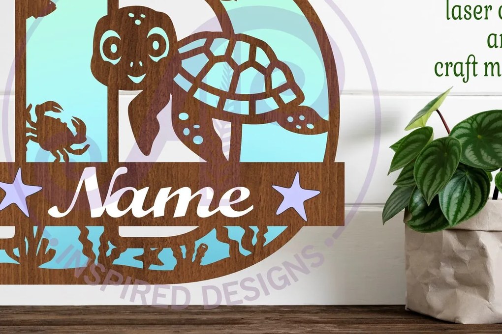 Σετ των 2 Intra απο ξύλο plywood 3mm-4mm πάχος – Μονόγραμμα κεφαλαίου χελώνας Ωκεανός Επιστολή Δ Δίασταση  20x20 cm INTRAFABR-94203863