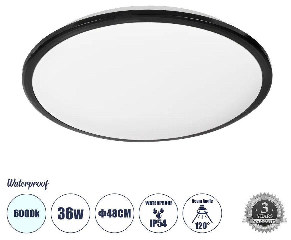 GloboStar TUFFIN 60998 Πλαφονιέρα Οροφής LED 36W 4140lm 120° AC 220-240V Αδιάβροχη IP54 Φ48 x Υ6.5cm Ψυχρό Λευκό 6000K - Μαύρο - Bridgelux Chips - 3 Years Warranty