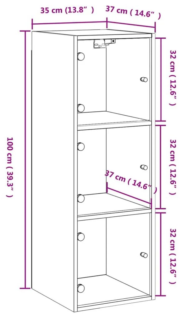 Ντουλάπι Τοίχου Καφέ Δρυς 35x37x100 εκ. Γυάλινες Πόρτες - Καφέ