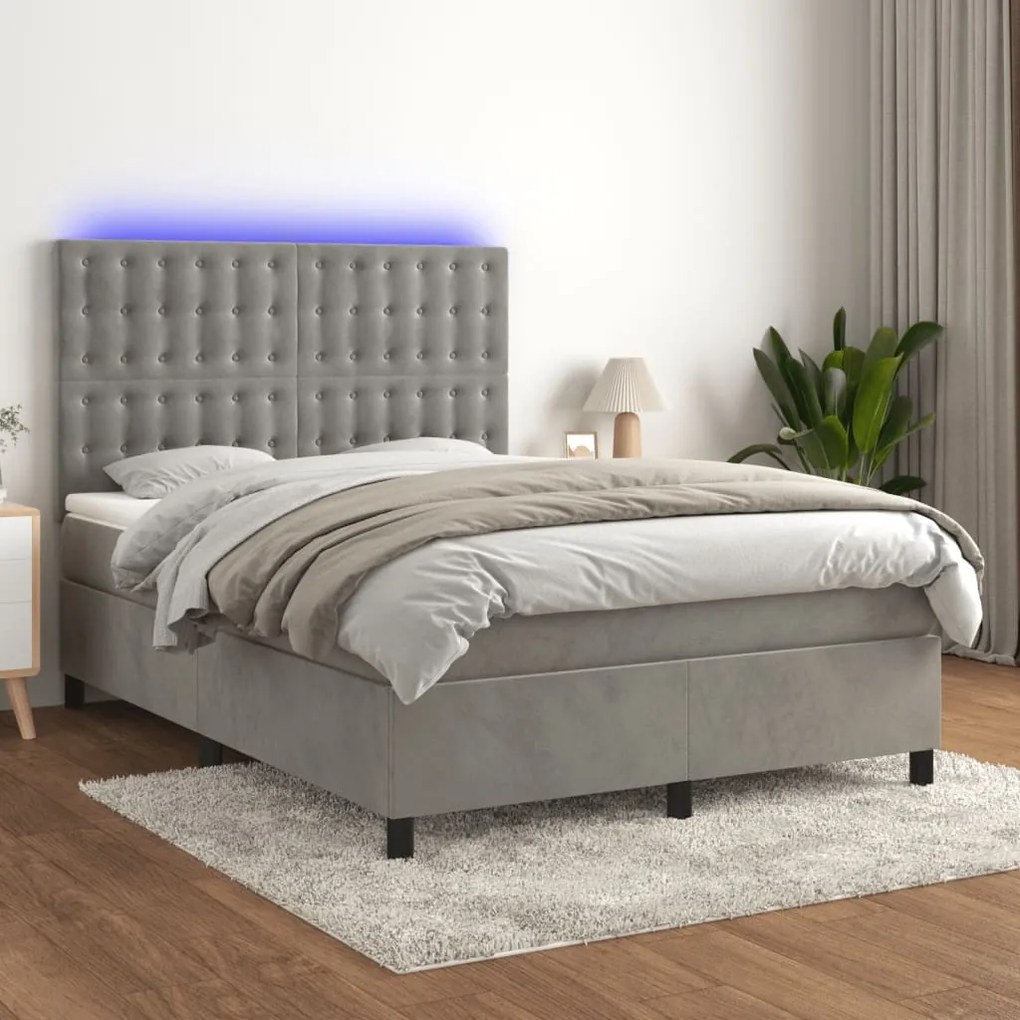 vidaXL Κρεβάτι Boxspring με Στρώμα&amp;LED Αν. Γκρι 140x190 εκ. Βελούδινο