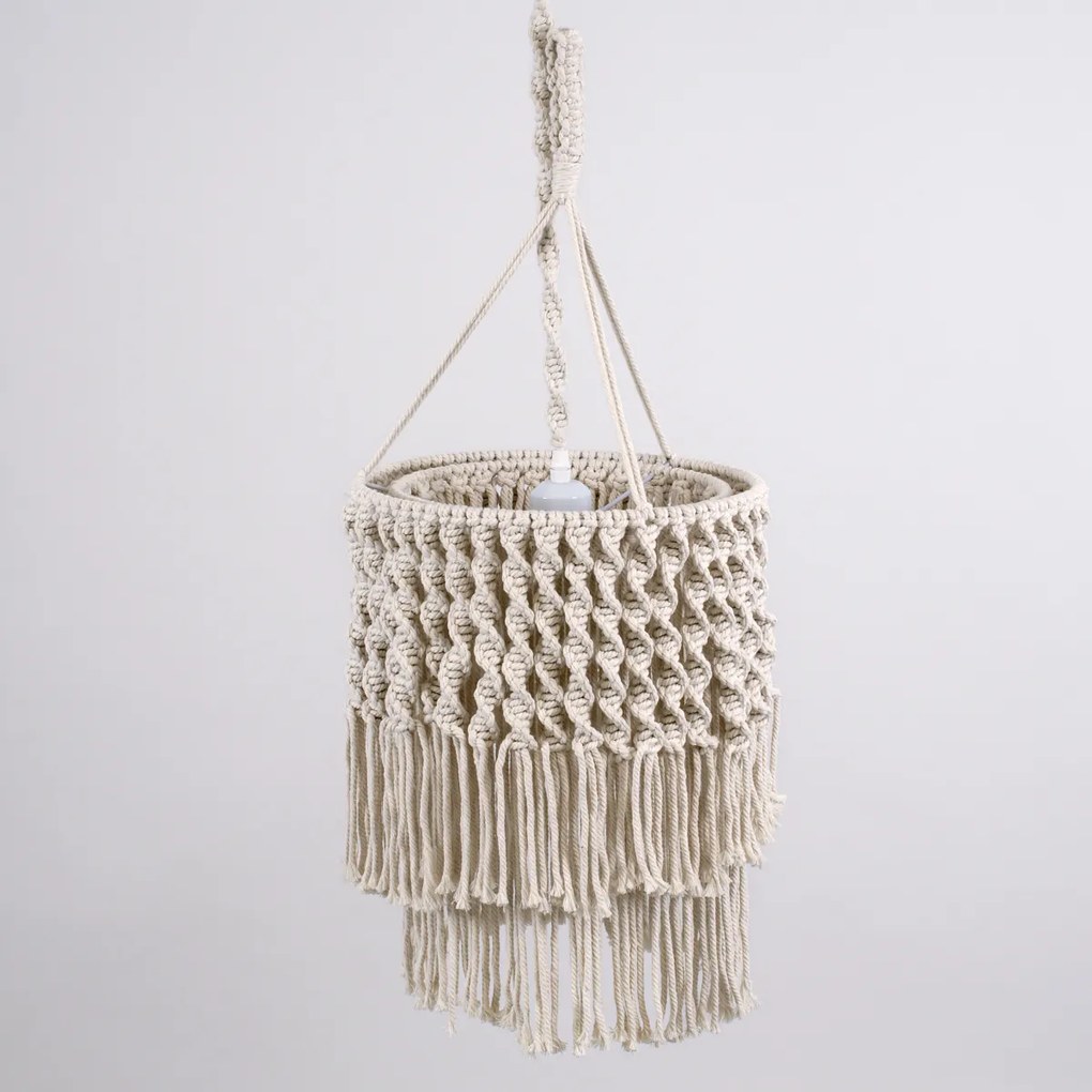 GloboStar ALGERIA 36204 Boho - Μακραμέ - Macrame Κρεμαστό Φωτιστικό Οροφής Μονόφωτο 1 x E27 Πλεκτό Χειροποίητο Μπεζ Υφασμάτινο με Σχοινί Φ30 x Υ40cm - 36204