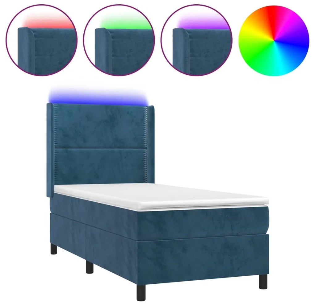 vidaXL Κρεβάτι Boxspring με Στρώμα &amp; LED Σκ. Μπλε 90x190 εκ. Βελούδινο