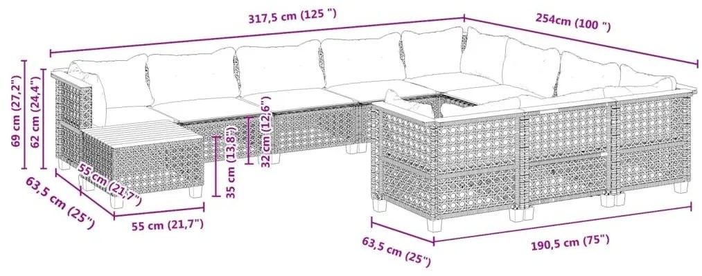 Σαλόνι Κήπου Σετ 11 Τεμαχίων Μαύρο Συνθετικό Ρατάν με Μαξιλάρια - Μαύρο