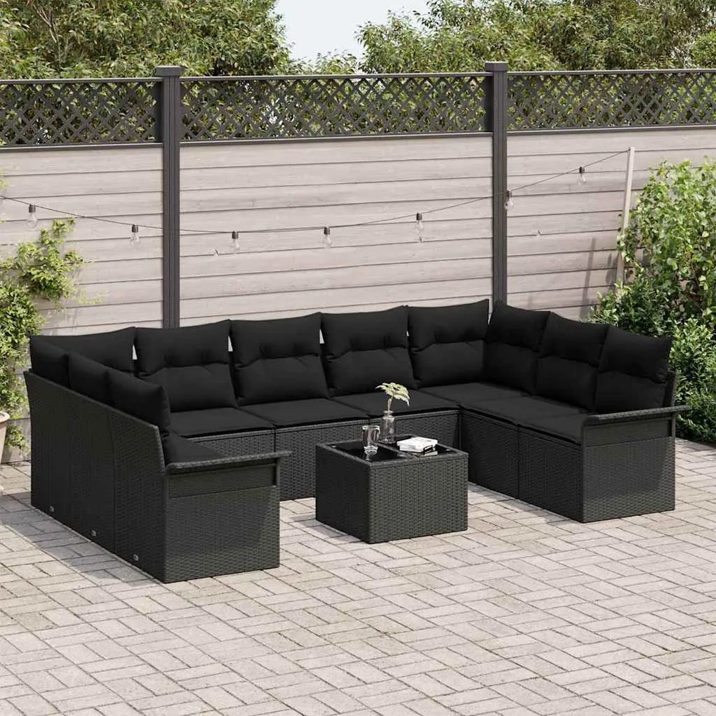 vidaXL Σετ Καναπέ Κήπου με μαξιλάρι 10 pcs Μαύρο Πολυ ράταν