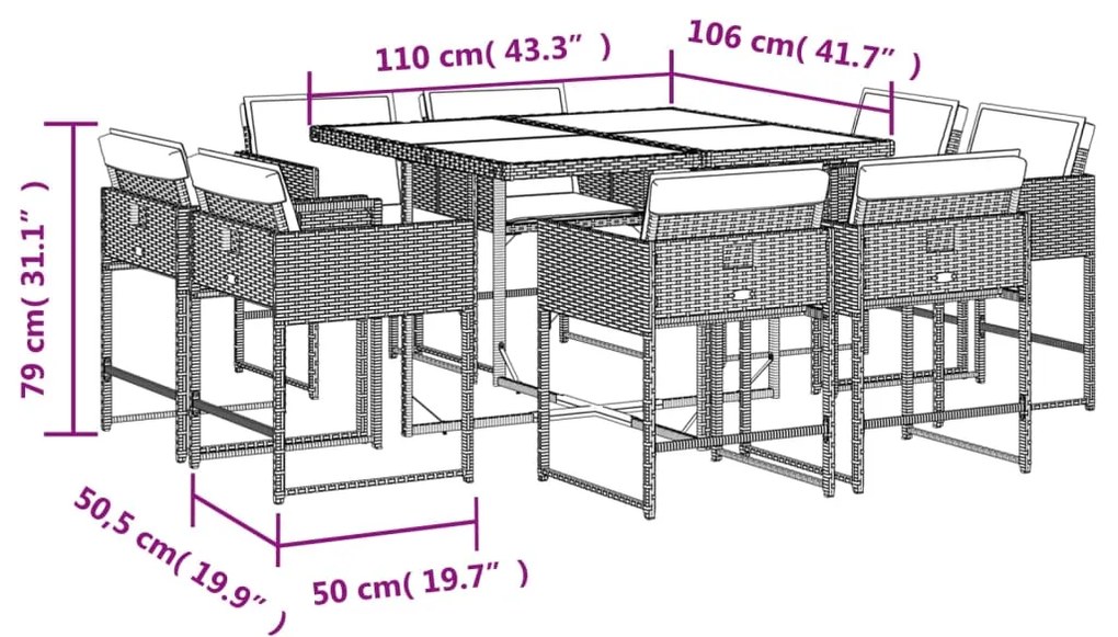 vidaXL Σετ Τραπεζαρίας Κήπου 9 τεμ. Μπεζ Συνθετικό Ρατάν με Μαξιλάρια