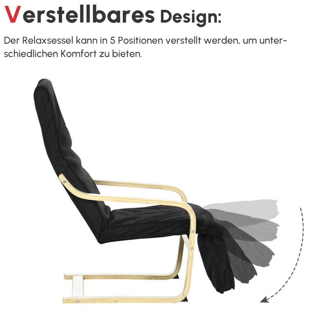 HOMCOM Πολυθρόνα Relax, Ξαπλώστρα, Ρυθμιζόμενο Υποπόδιο, Μαξιλάρι, Ξύλο+Μαύρο, 66,5 x 94 x 100cm