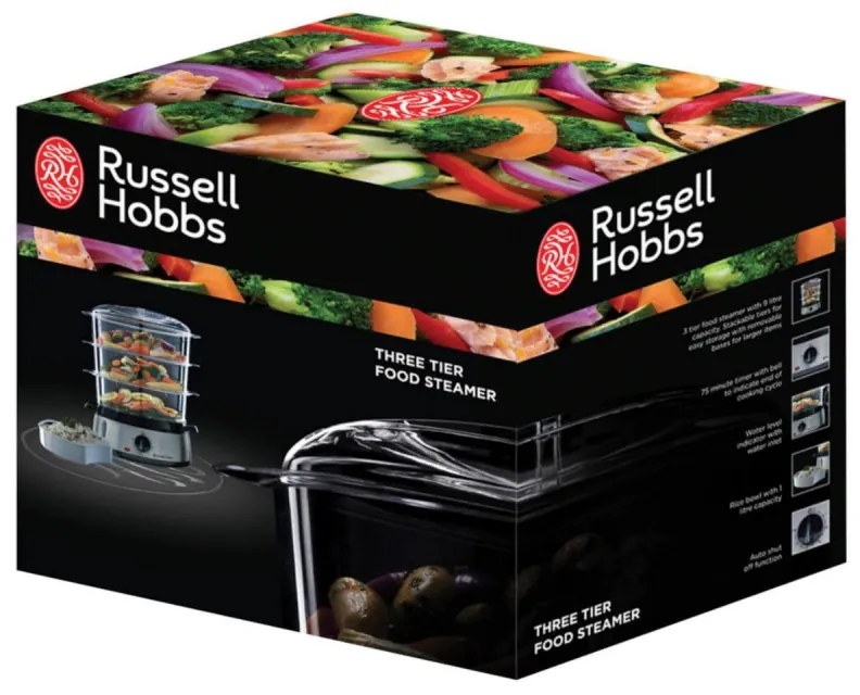 Ατμομάγειρας Russell Hobbs 19270-56, 800W, 3 επίπεδα, 9 λίτρα, Χρονοδιακόπτης 60 λεπτά, Ανοξείδωτο ατσάλι