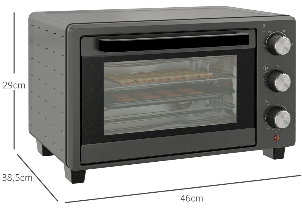 HOMCOM Μίνι φούρνος, Φούρνος 21 L με 1 σχάρα και 1 ταψί, 3 λειτουργίες μαγειρέματος, 100°C-230°C, Ανοξείδωτο ατσάλι, Γυαλί, Γκρι