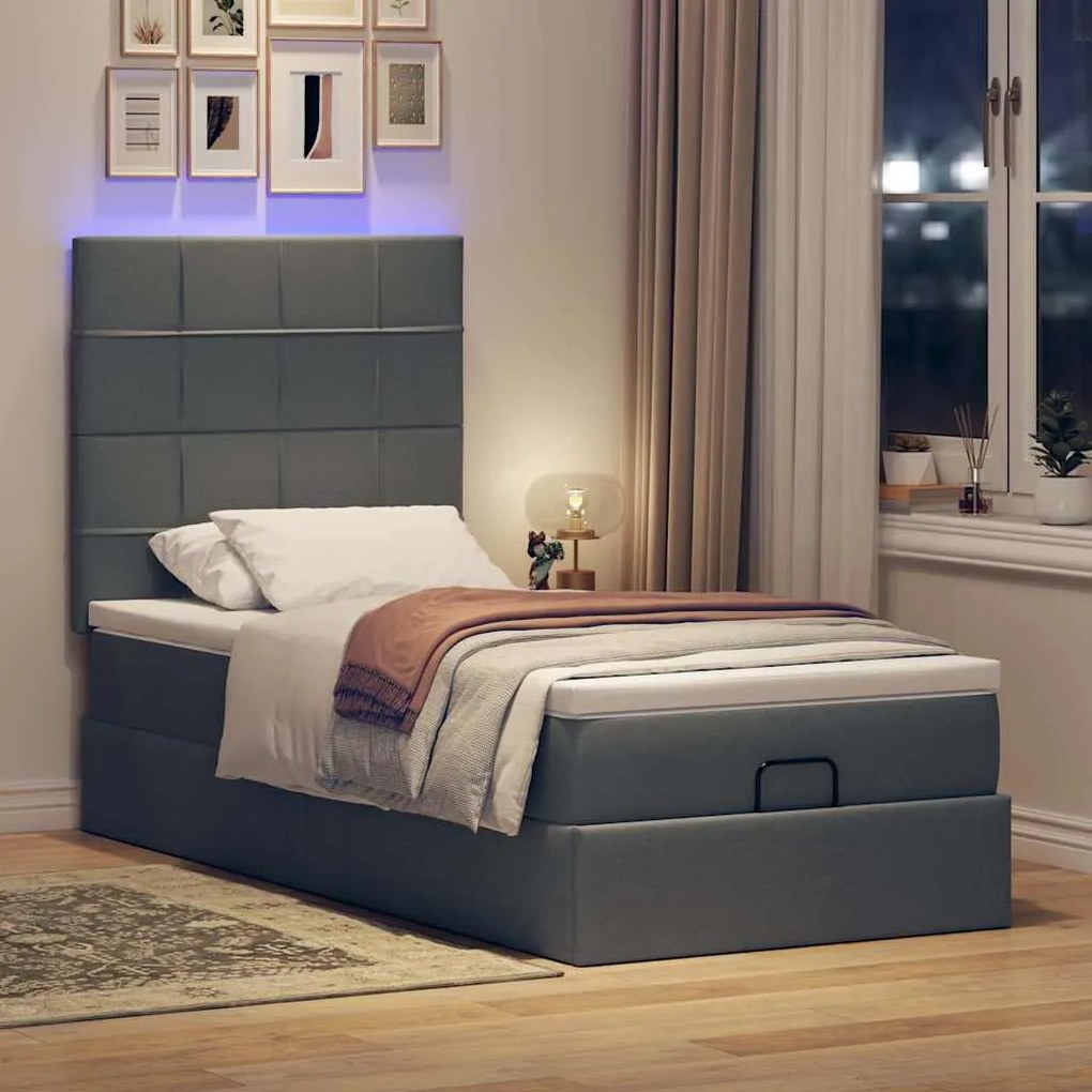 Οθωμανικό κρεβάτι με στρώμα &amp; LEDs Σκούρο γκρι 90x190cm ύφασμα 3313969