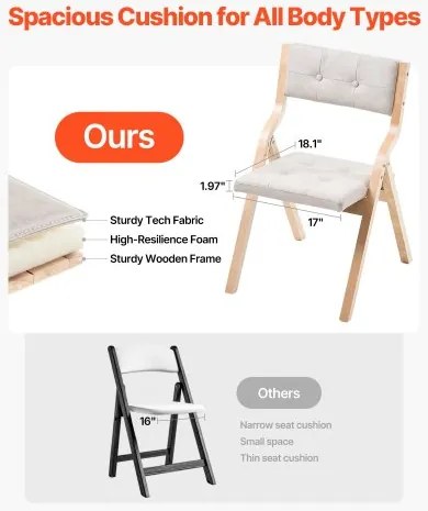 VEVOR Wooden Folding Chairs with Padded Cushion and Wooden Frame Beige Set of 4