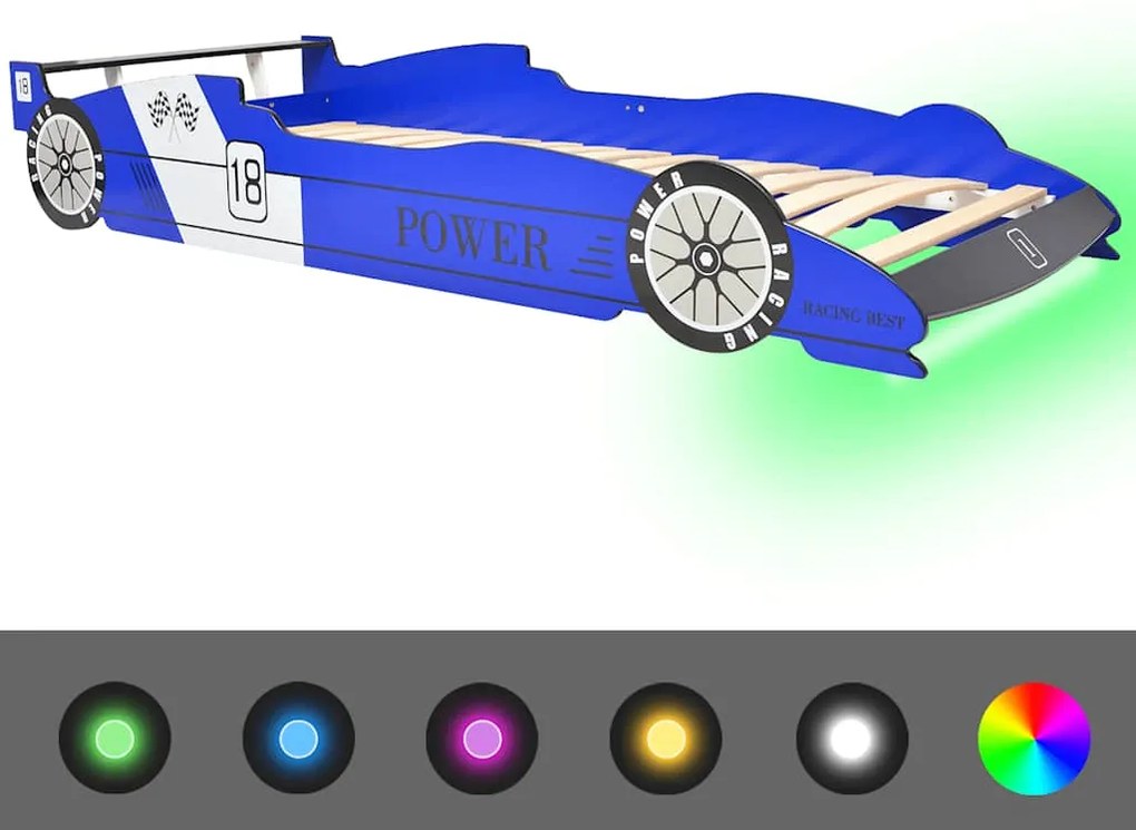 vidaXL Κρεβάτι Παιδικό Αγωνιστικό Αυτοκίνητο με LED Μπλε 90 x 200 εκ.