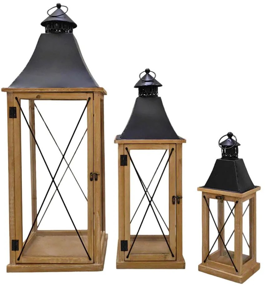 Φανάρια Ξύλινα 831746 (Σετ 3τμχ) Natural-Black Ankor Metal,Wood