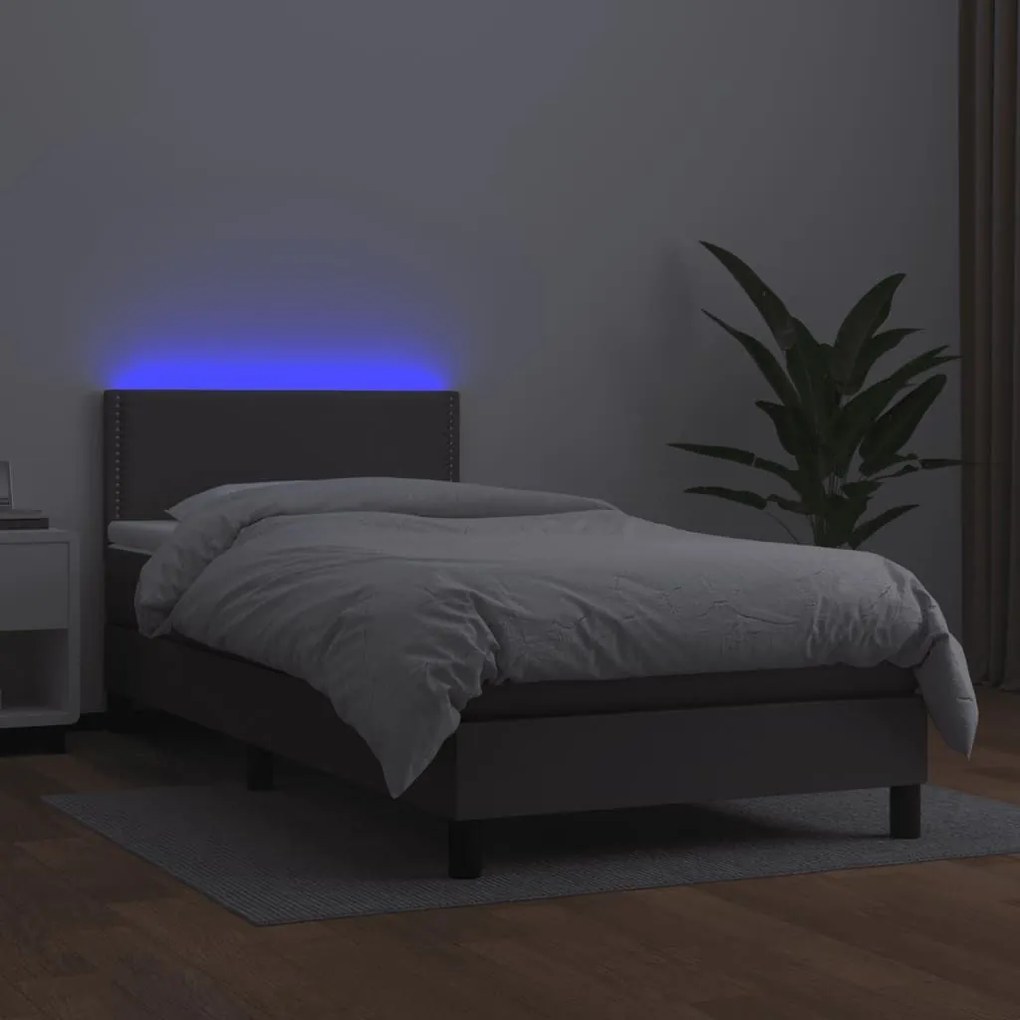 Κρεβάτι Boxspring με Στρώμα &amp; LED Γκρι 90x190 εκ. Συνθ. Δέρμα - Γκρι