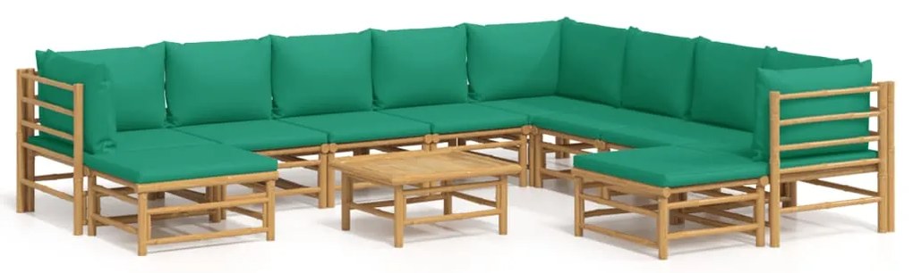 vidaXL Σαλόνι Κήπου Σετ 11 Τεμ. από Μπαμπού με Πράσινα Μαξιλάρια