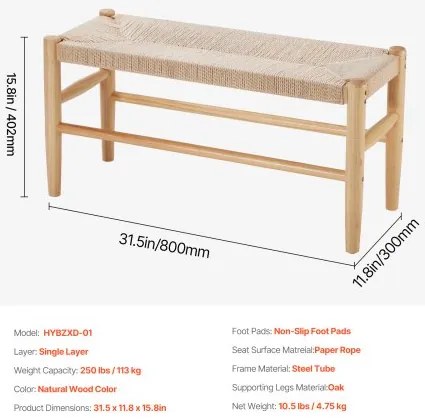 VEVOR Rattan Bench Wooden Bench 31.5 Inches for Entryway Living Room &amp; Bedroom