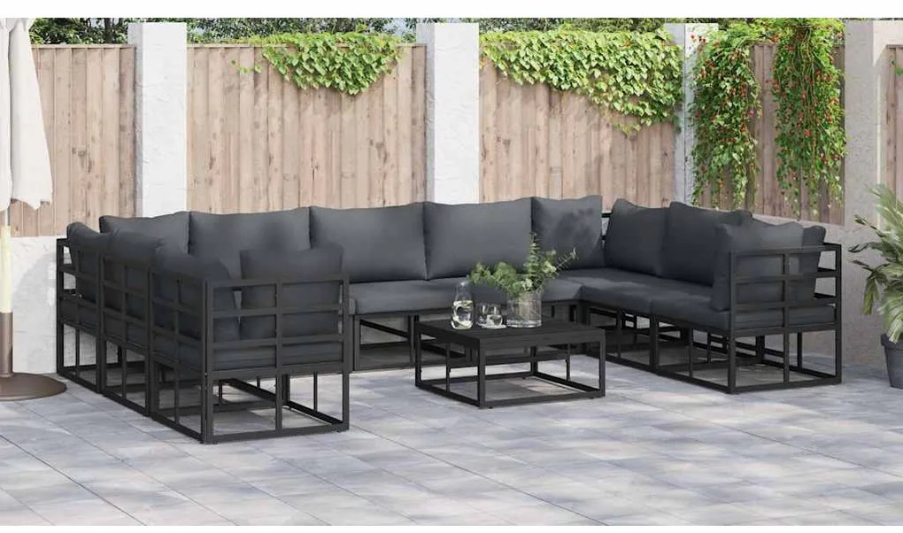 vidaXL Σετ Καναπέ Κήπου με μαξιλάρι 9 pcs Μαύρο Αλουμίνιο