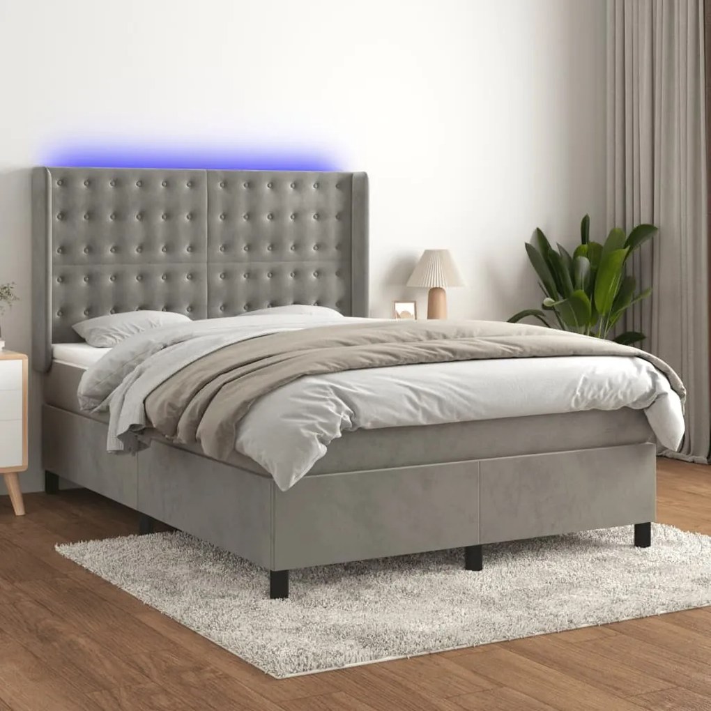 vidaXL Κρεβάτι Boxspring με Στρώμα & LED Αν.Γκρι 140x200 εκ. Βελούδινο