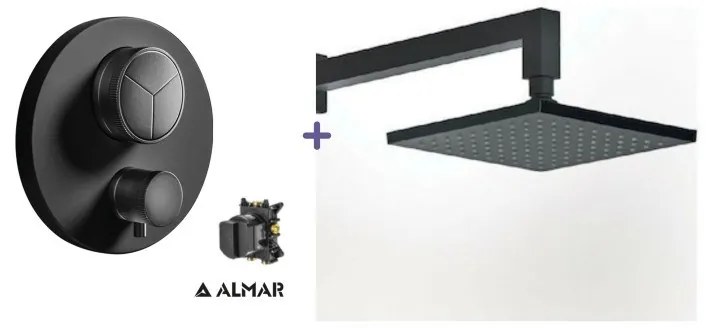 Almar Black matt Ανακλινόμενη κεφαλή 20εκ+Thermo-Core Push Θερμοστατικός μίκτης εντοιχισμού 3 εξόδων+κιτ εντιχοισμού