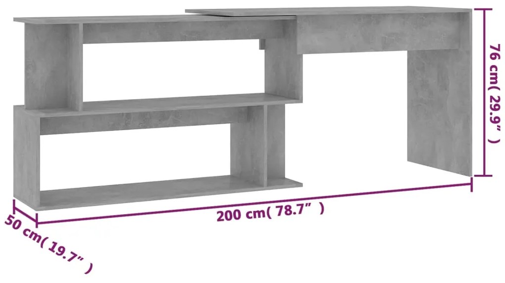 vidaXL Γραφείο Γωνιακό Γκρι του Σκυροδέματος 200x50x76 εκ. Επεξ. Ξύλο