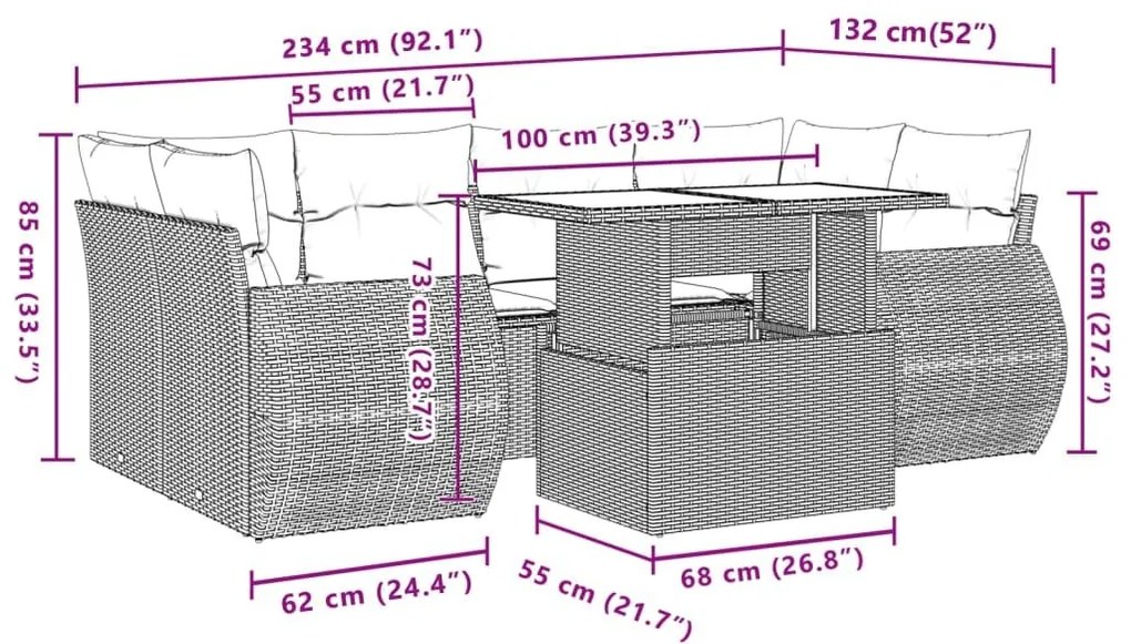 Σετ Σαλονιού Κήπου 7 τεμ. Γκρι Συνθετικό Ρατάν με Μαξιλάρια - Γκρι