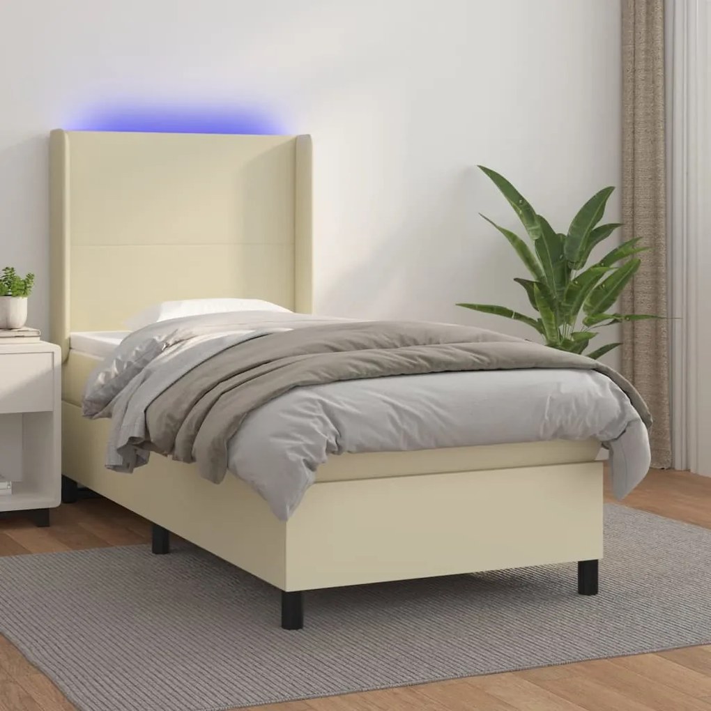 vidaXL Κρεβάτι Boxspring με Στρώμα & LED Κρεμ 90x200 εκ. Συνθ. Δέρμα