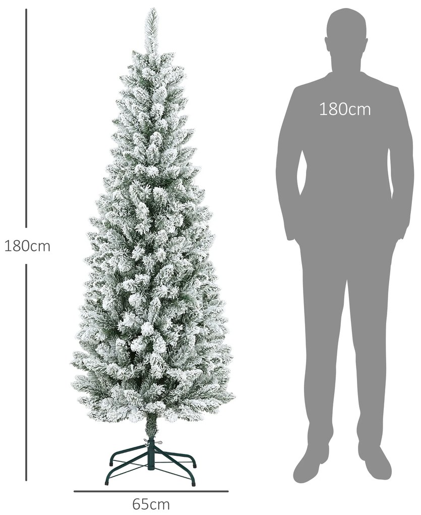 HOMCOM Τεχνητό Χριστουγεννιάτικο Δέντρο, λεπτό σχήμα, τεχνητό χιόνι, τριών τεμαχίων, πυράντοχο, μεταλλική βάση, 180 cm, Πράσινο