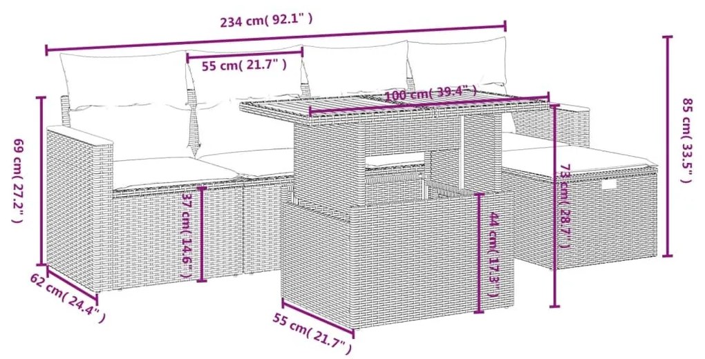 Καναπές Κήπου 6 Τεμαχίων Μαύρο από Συνθετικό Ρατάν με Μαξιλάρια - Μαύρο