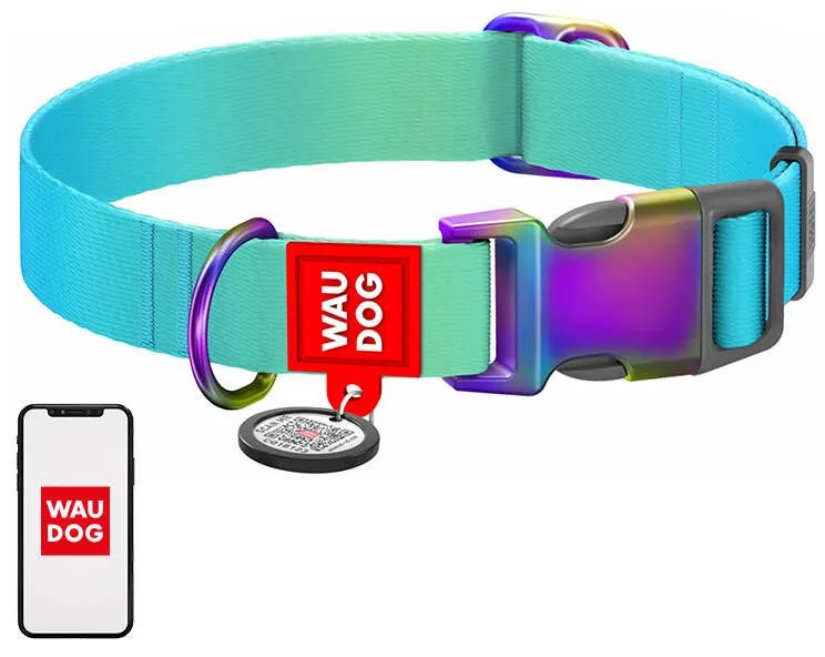 Nylon dog collar with QR code WAUDOG 15 mm wide, 25-35 cm long blue