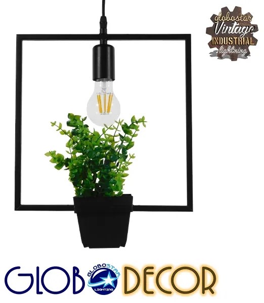 GloboStar FLOWERPOT 10001211 Μοντέρνο Κρεμαστό Φωτιστικό Οροφής Μονόφωτο 1 x E27 Μαύρο Μεταλλικό με Διακοσμητικό Φυτό Φ30 x Y30cm - 10001211