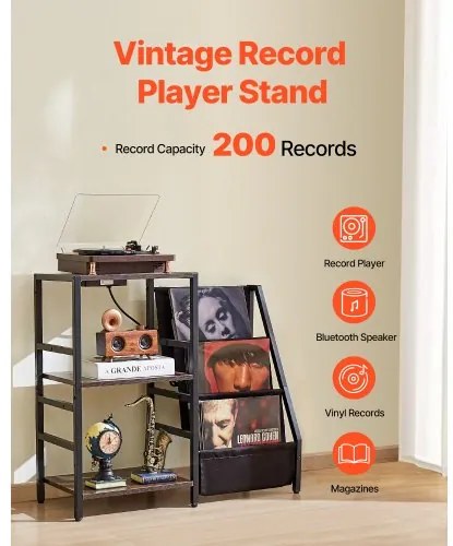 VEVOR 3 Tiers Record Player with LED Light &amp; USB Ports Metal Vinyl Shelf Black