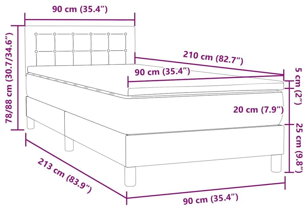 Κρεβάτι Boxspring με Στρώμα Σκούρο Γκρι 90x210 εκ. Βελούδινο - Γκρι