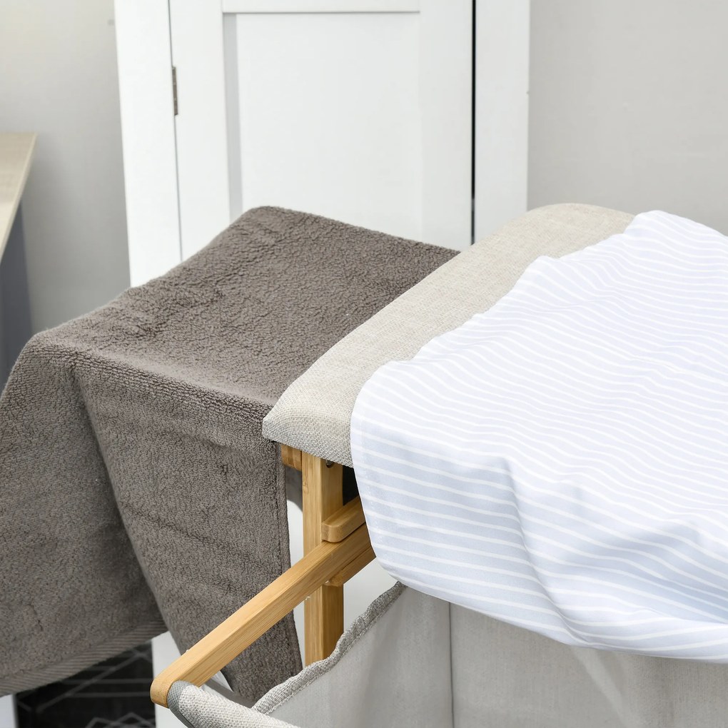 HOMCOM Συλλέκτης Ρούχων, Πολυλειτουργικός, Σιδερώστρα &amp; Υφασμάτινος Σάκος 57L, Μπαμπού Σκελετός, 113x34x82cm, Φυσικό/Γκρι