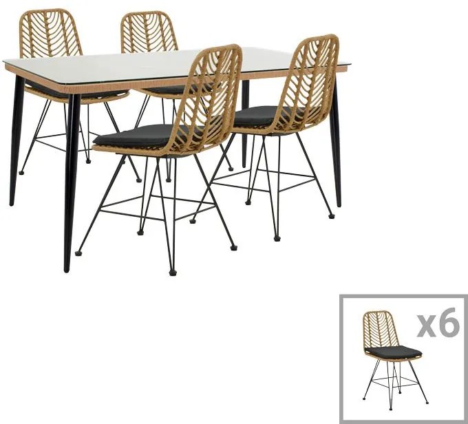 Τραπεζαρία Naoki D σετ 7 τμχ rattan φυσικό-μαύρο μέταλλο-γυαλί 160x90x78εκ 160x90x78 εκ.