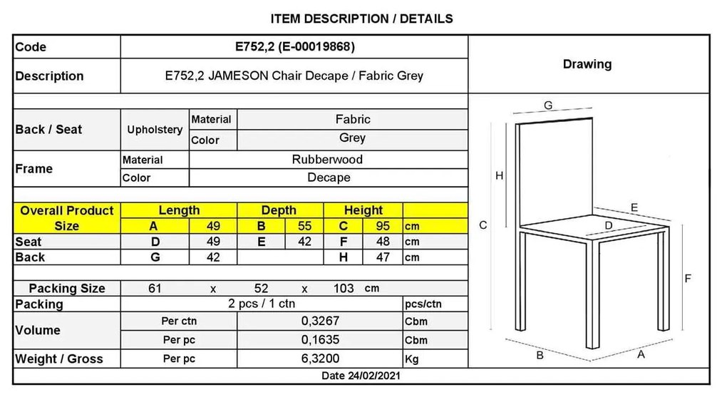Καρέκλα JAMESON Decape/Ύφασμα Γκρι 49x55x95cm (Σετ 2 ΤΕΜ)