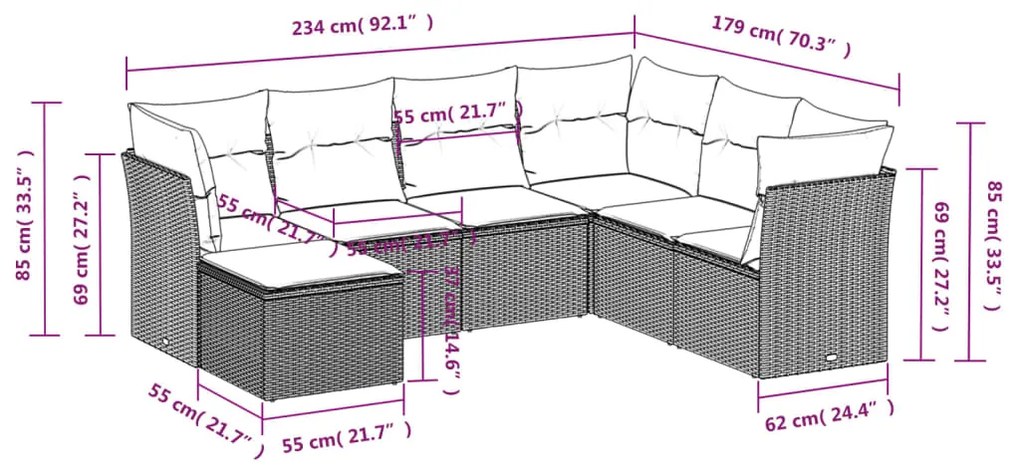 vidaXL Καναπές Σετ 7 Τεμαχίων Μαύρο Συνθετικό Ρατάν με Μαξιλάρια