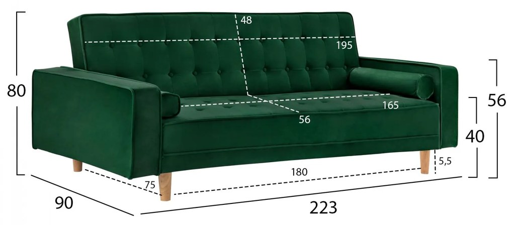 Καναπές - Κρεβάτι Salvador Βελούδο Κυπαρισσί 223x90x80Y εκ. 223x90x80 εκ.