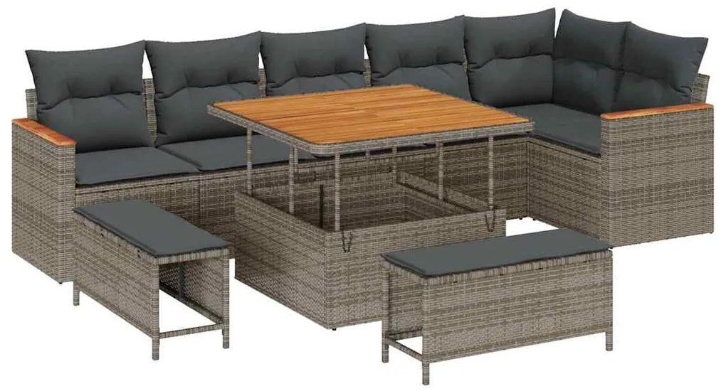 vidaXL Σετ Καναπέ Κήπου με μαξιλάρι 9 pcs Γκρι Πολυ ράταν