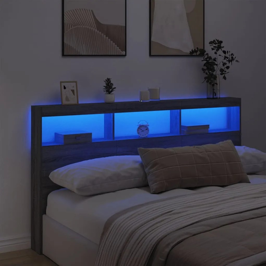 vidaXL Κεφαλάρι με Αποθηκ. Χώρο & LED Γκρι Sonoma 180x17x102 εκ.